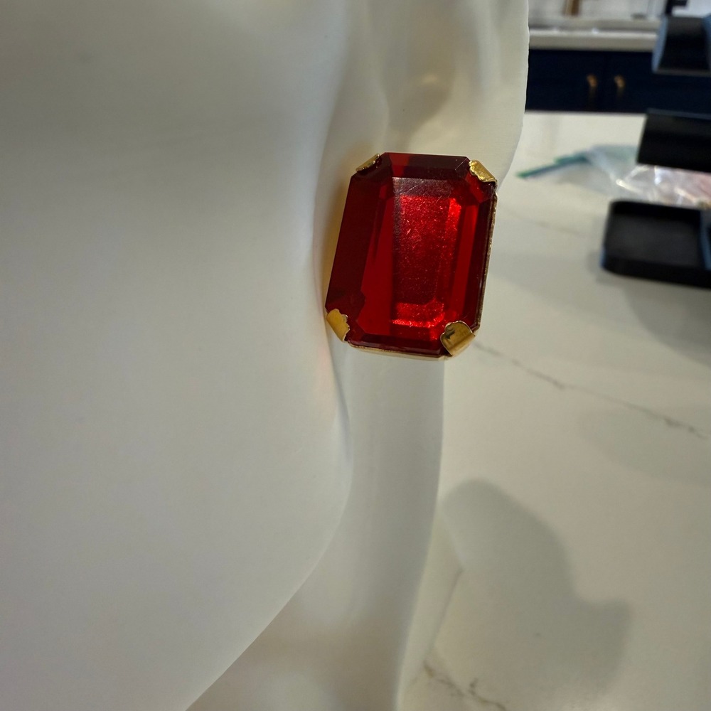 Glam Statement Red Faceted Stone Stud Earrings Gold Tone Oversized 1.25"